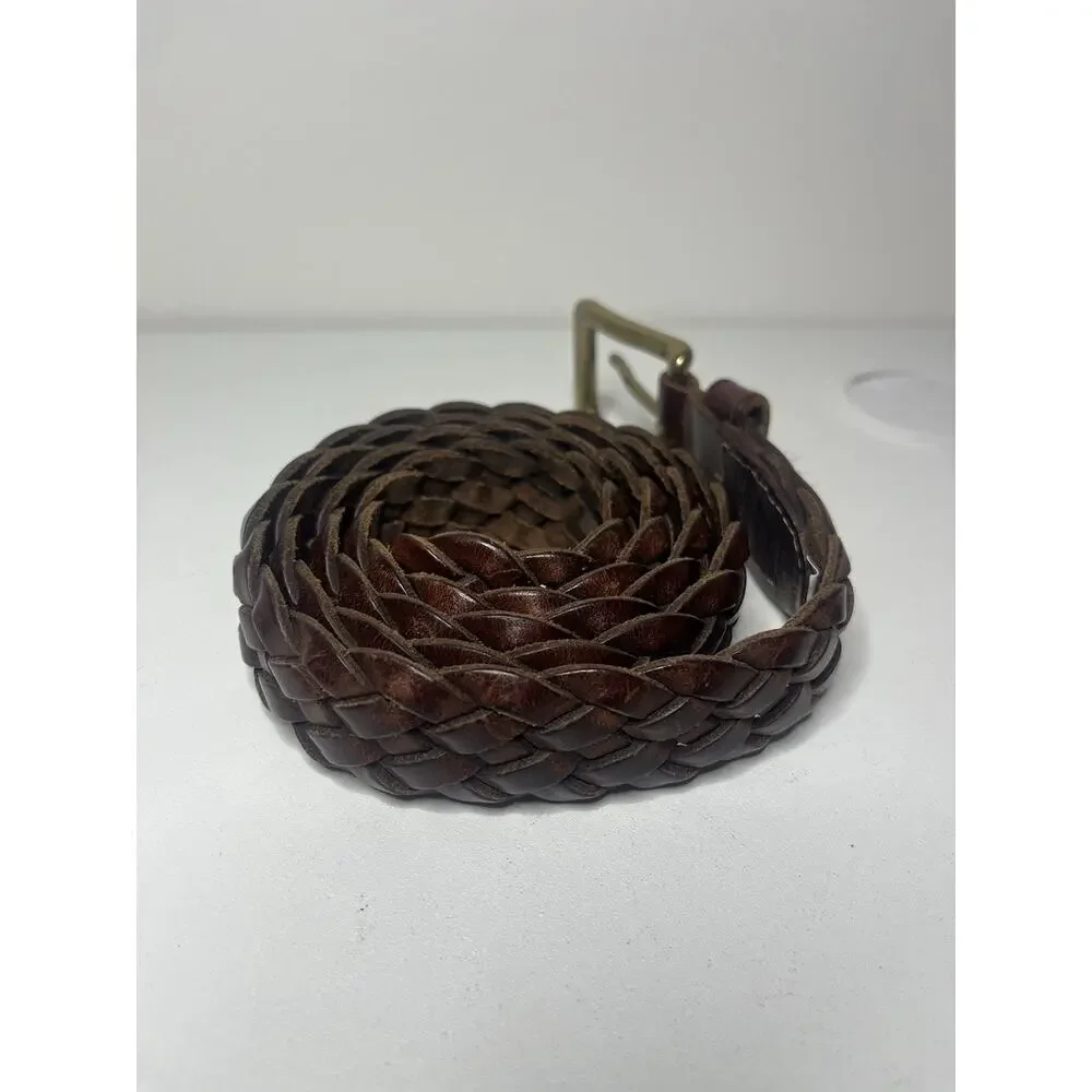 Braided Genuine Leather Belt Mahogany Brown Gold Buckle Woven Gaucho 38